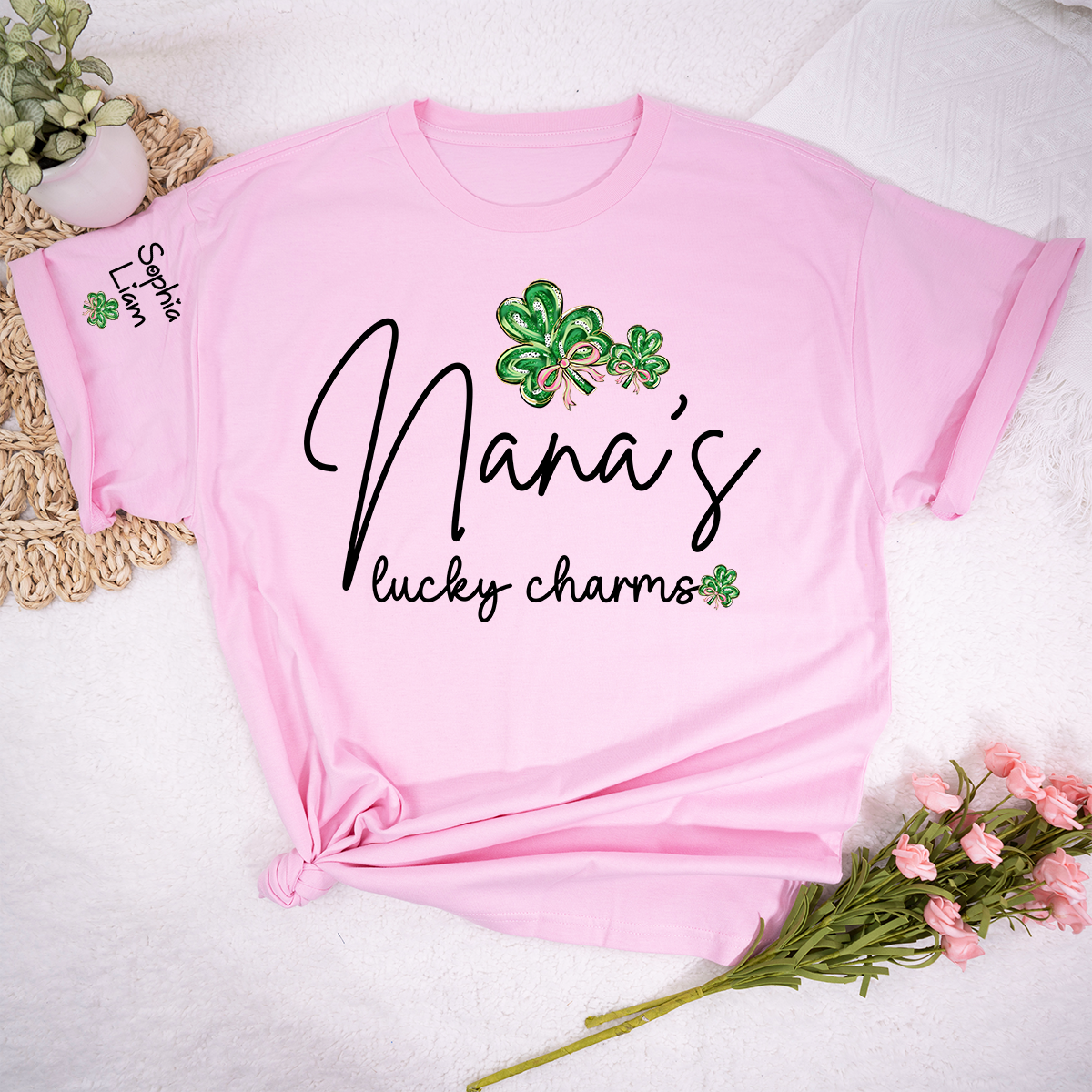 Nana’s Lucky Charms Shirt Personalized Grandma Name Tee with Shamrock Design St Patrick Theme Gift for Nana