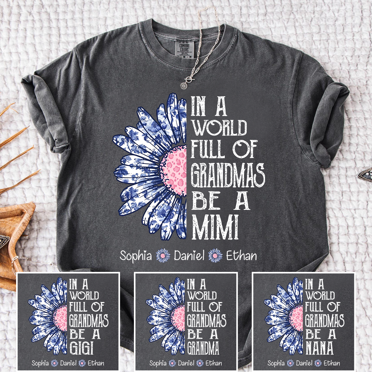 Comfort Colors Custom Mimi Shirt with Grandkids Names In a World Full of Grandmas Be a Mimi Daisy Flower Design Personalized Family Tee