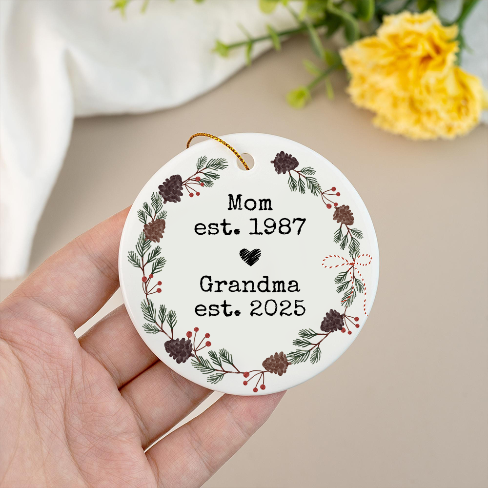 Personalized Mom And Grandma Ornament, Custom Established Year Christmas Wreath Decoration 2025