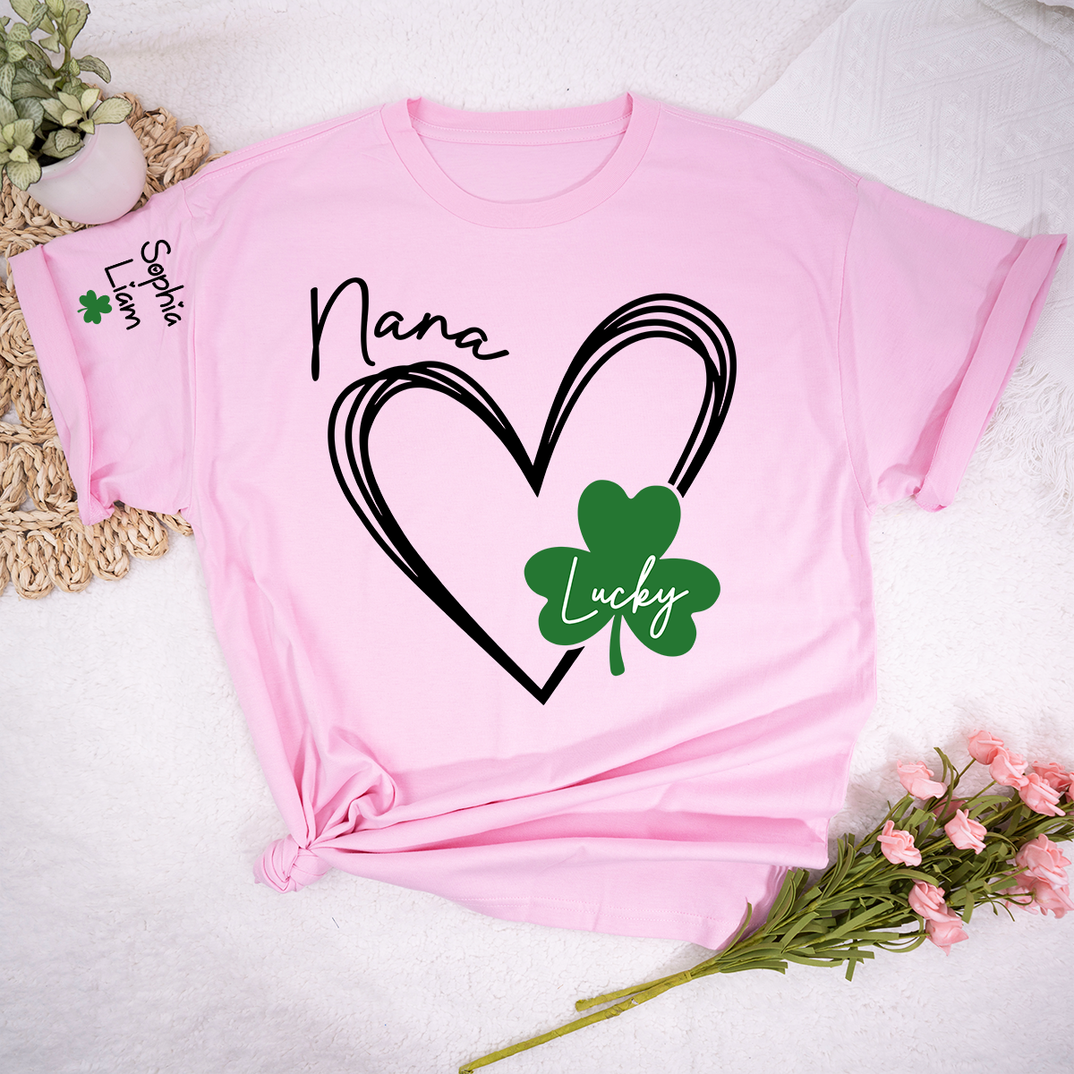 Nana Lucky Shamrock Heart T Shirt Personalized with Kids Names, Custom Grandma Shirt for St Patrick’s Day Celebration, Family Matching Green Clover Top