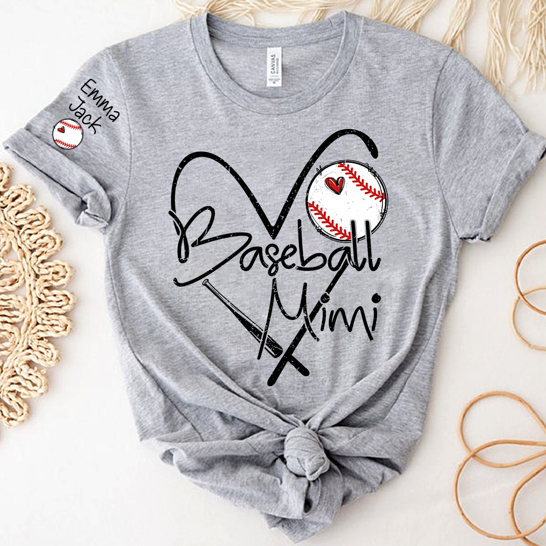 Baseball Mimi Shirt Personalized with Grandkids Names, Heart and Bat Sports Family T Shirt