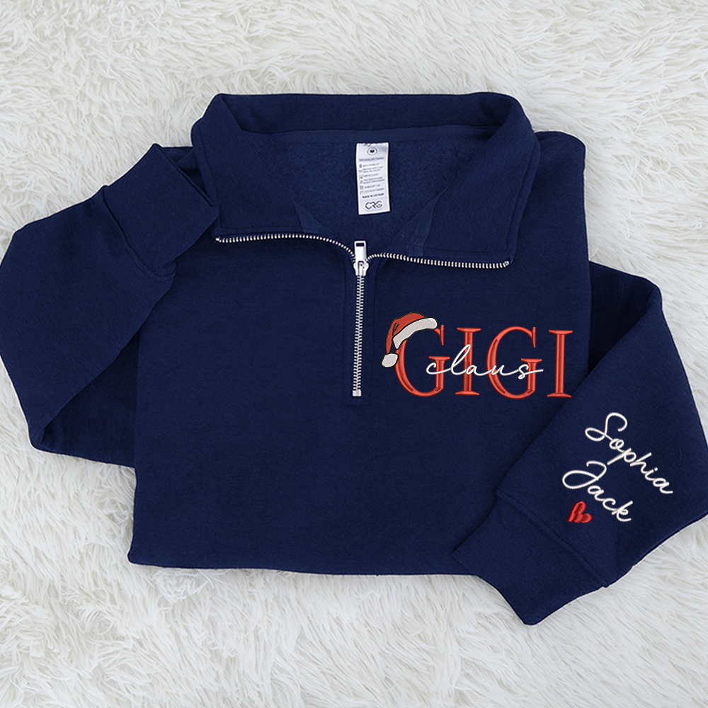 Personalized Christmas Gigi Claus Zip Embroidered Sweatshirt – Custom Grandma Gift With Grandkids Names