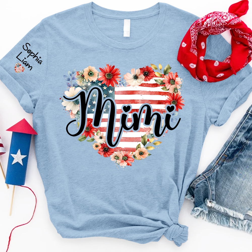 Mimi Patriotic Floral T Shirt, Custom Heart Design with American Flag, Personalized Gift for Grandma, Perfect for Mother’s Day