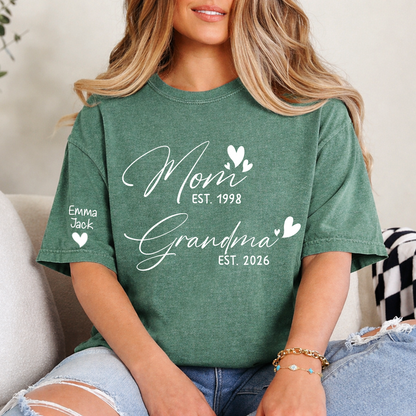 Personalized Mom and Grandma T-Shirt, Custom EST Year T-Shirt with Heart Design for Family