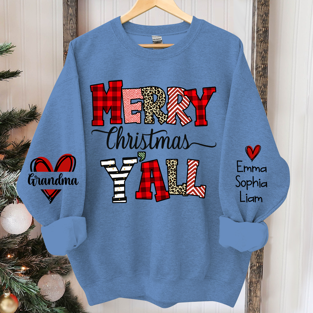 Merry Christmas Y'all Leopard Plaid, Custom Grandma And Kids TH Sweatshirt