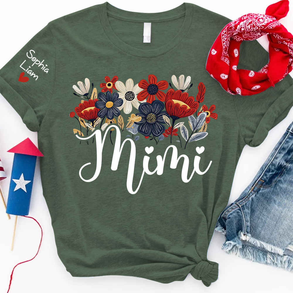 Personalized Grandma Mimi Shirt with Floral Design and Sleeve Names, 4th of July Shirt