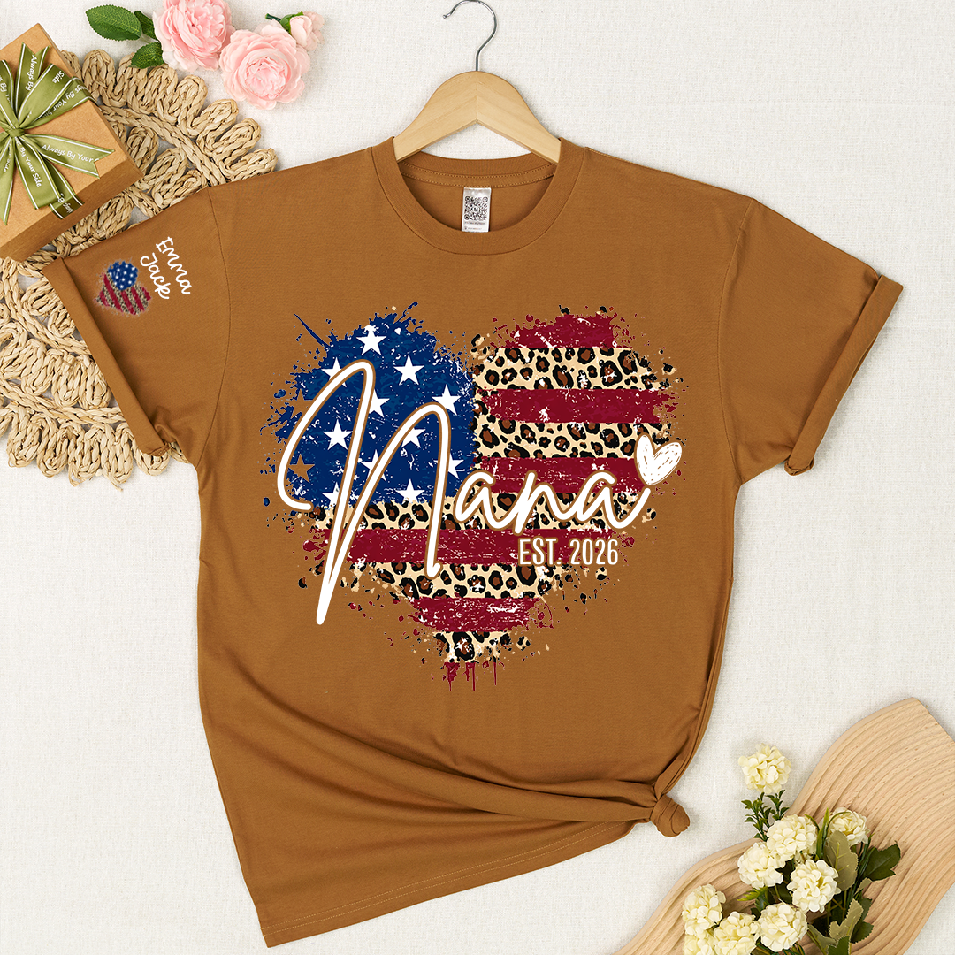 Custom American Flag Heart Nana T-shirt, Grandma Shirt with Kids, Mother's Day Gift for Grandma