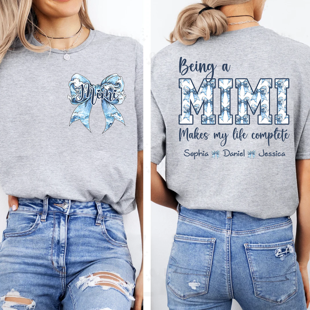 Custom Mimi T Shirt with Grandchildren Names, Blue Bow Coquette Back Design Tee, Personalized Grandma Apparel for Women