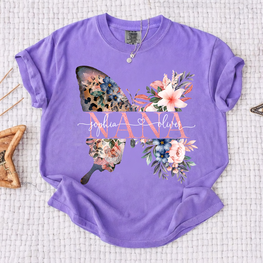Comfort Colors Personalized Nana Shirt with Floral Butterfly Design Custom Name Grandma Mimi Gigi Family Tee Unique Grandkids Names Gift for Her