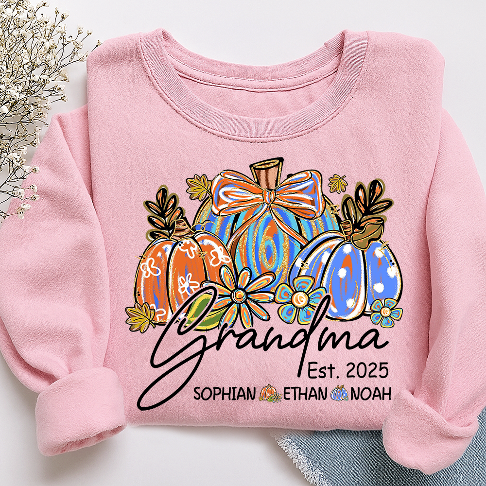 Fall Pumpkin Print Sweatshirt with Pumpkin Brush Pattern, Custom Gifts for Grandma and Grandchild