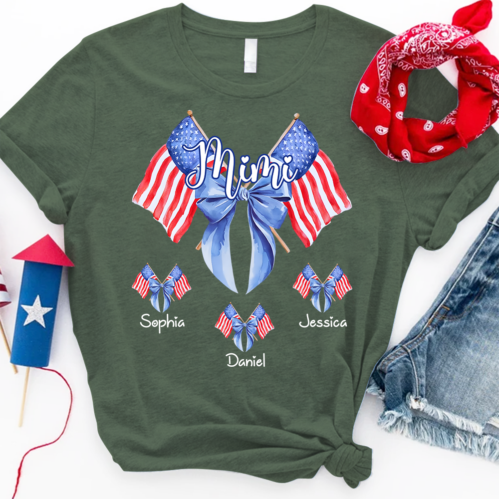 Personalized Mimi Patriotic Shirt with Kids Names, Custom Grandma American Flag Bow T Shirt for 4th of July Family Gift