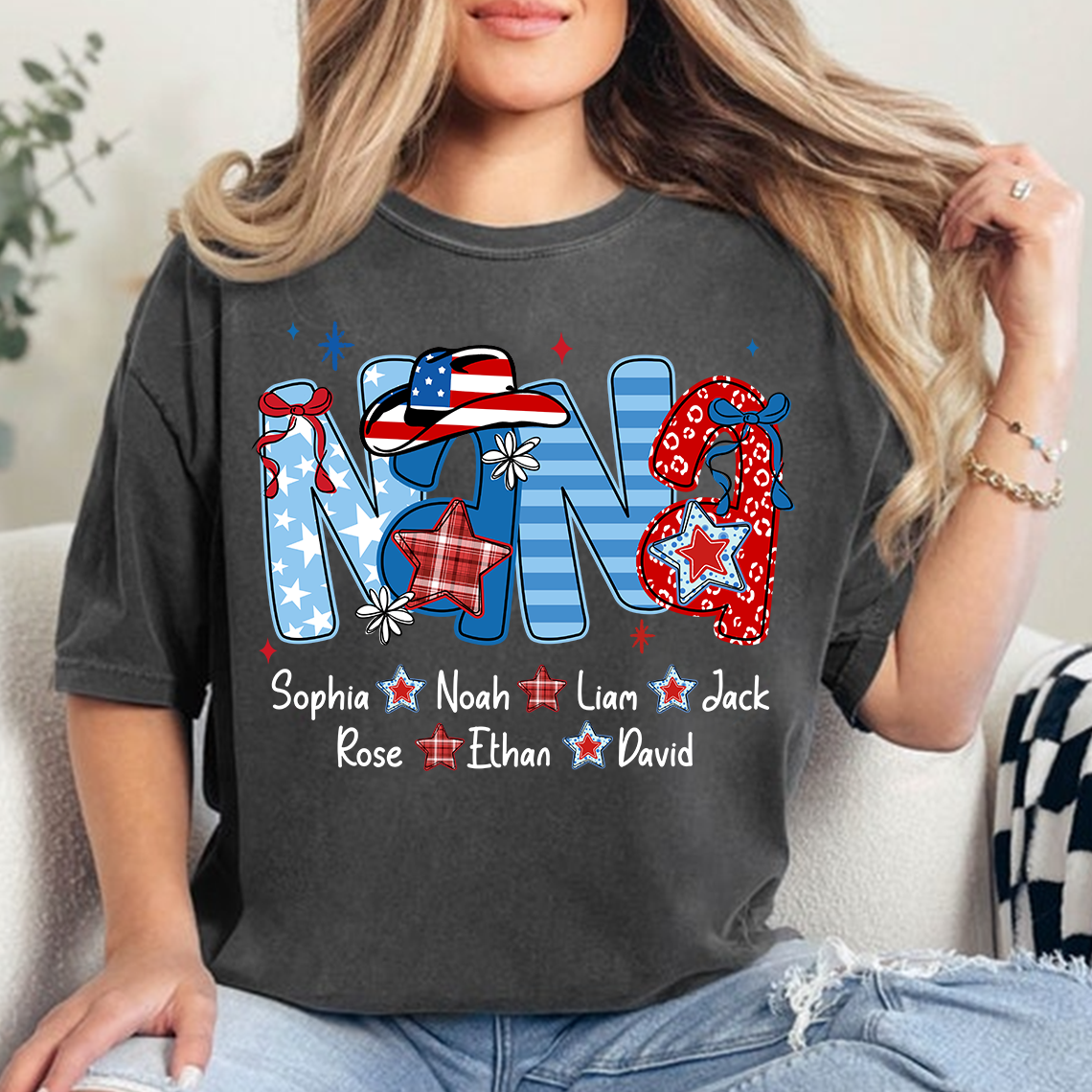 Custom Nana 4th July Independence Day American Flag T-Shirt For Grandma, Personalized Gift For Grandma And Kids
