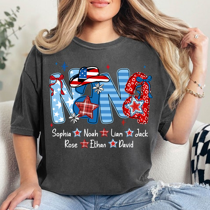 Custom Nana 4th July Independence Day American Flag T-Shirt For Grandma, Personalized Gift For Grandma And Kids