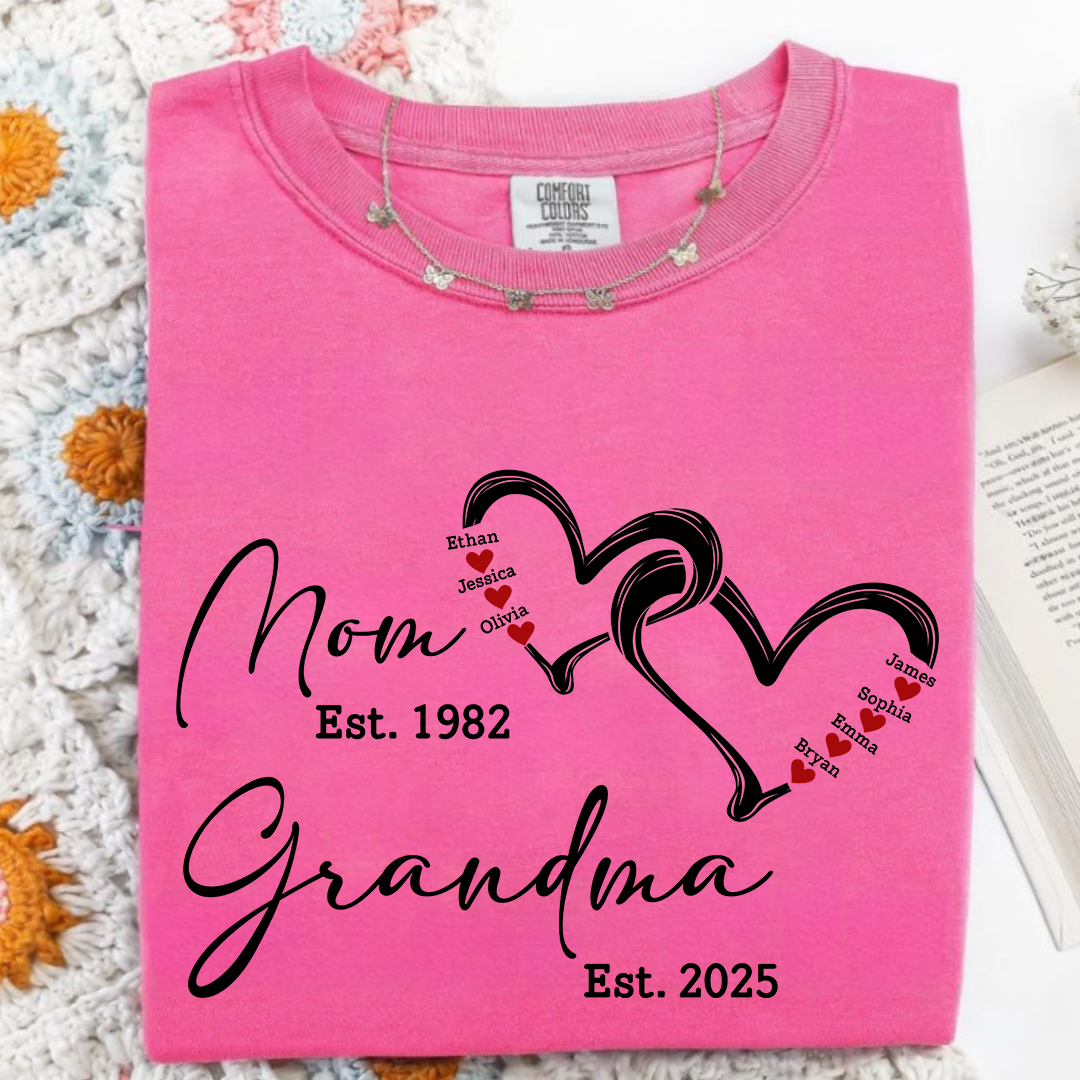 Custom Comfort Colors® Mom Est Grandma Est Hearts Kids Name