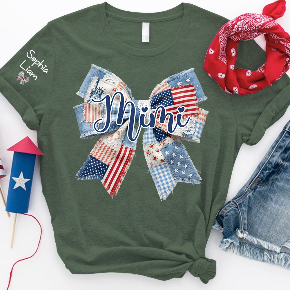 Patriotic Patchwork Bow Mimi T-Shirt, Personalized Grandma Tee with Kids Names for Birthday Mothers Day Christmas