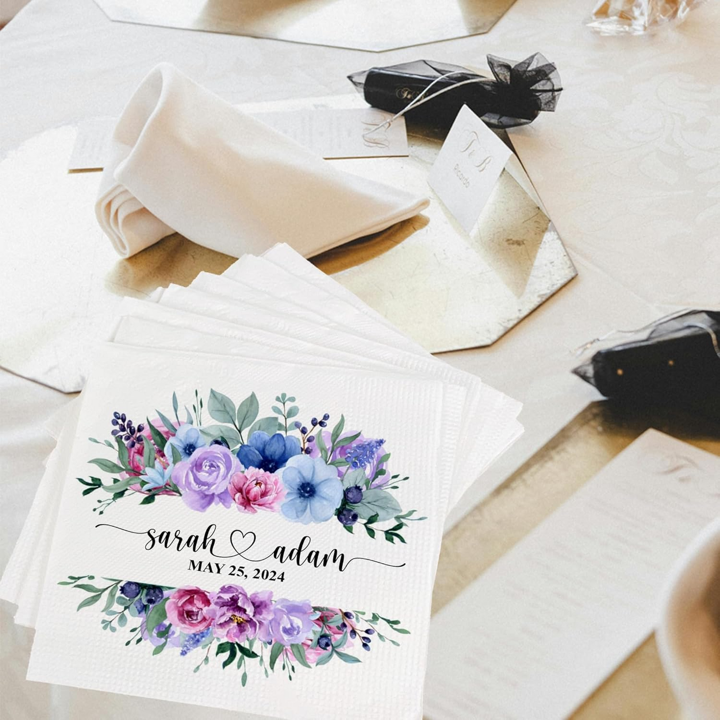 Custom Floral Wedding Napkins – Personalize with Your Names & Wedding Date