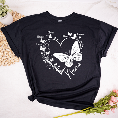 Nana Butterfly Heart Shirt with Kids Names, Personalized Nana Grandma T-Shirt Gift for Her