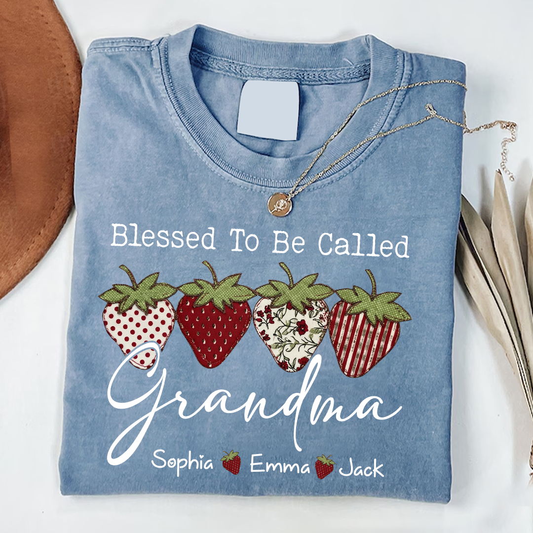 Comfort Colors® Personalized Blessed To Be Called Grandma, Custom Grandkids Names T-Shirt, Strawberry Patchwork Gift T-Shirt