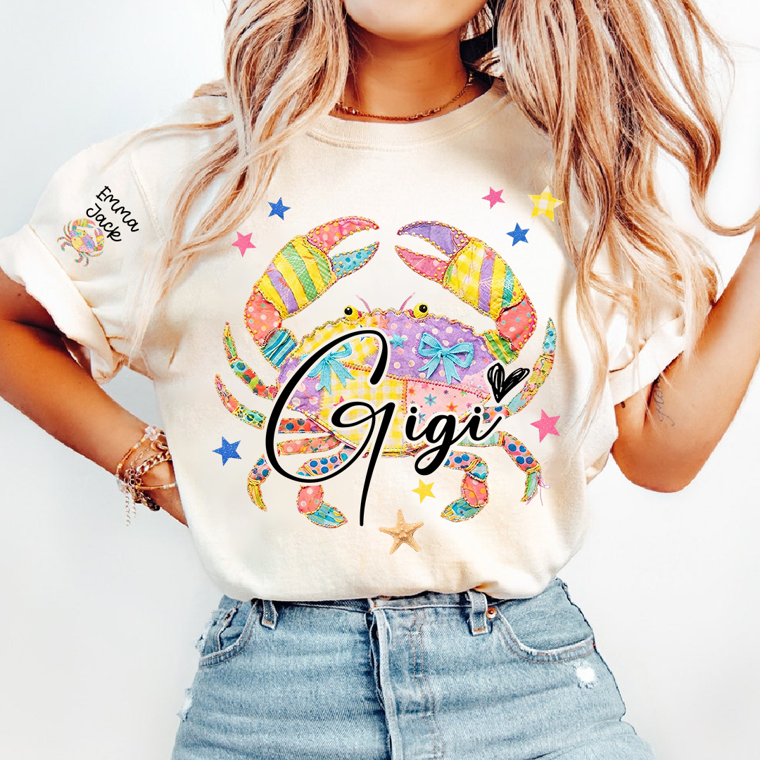 Custom Mimi T Shirt, Personalized Grandma Shirt with Kids Names, Colorful Crab Beach Design Tee, Summer Gift for Mimi
