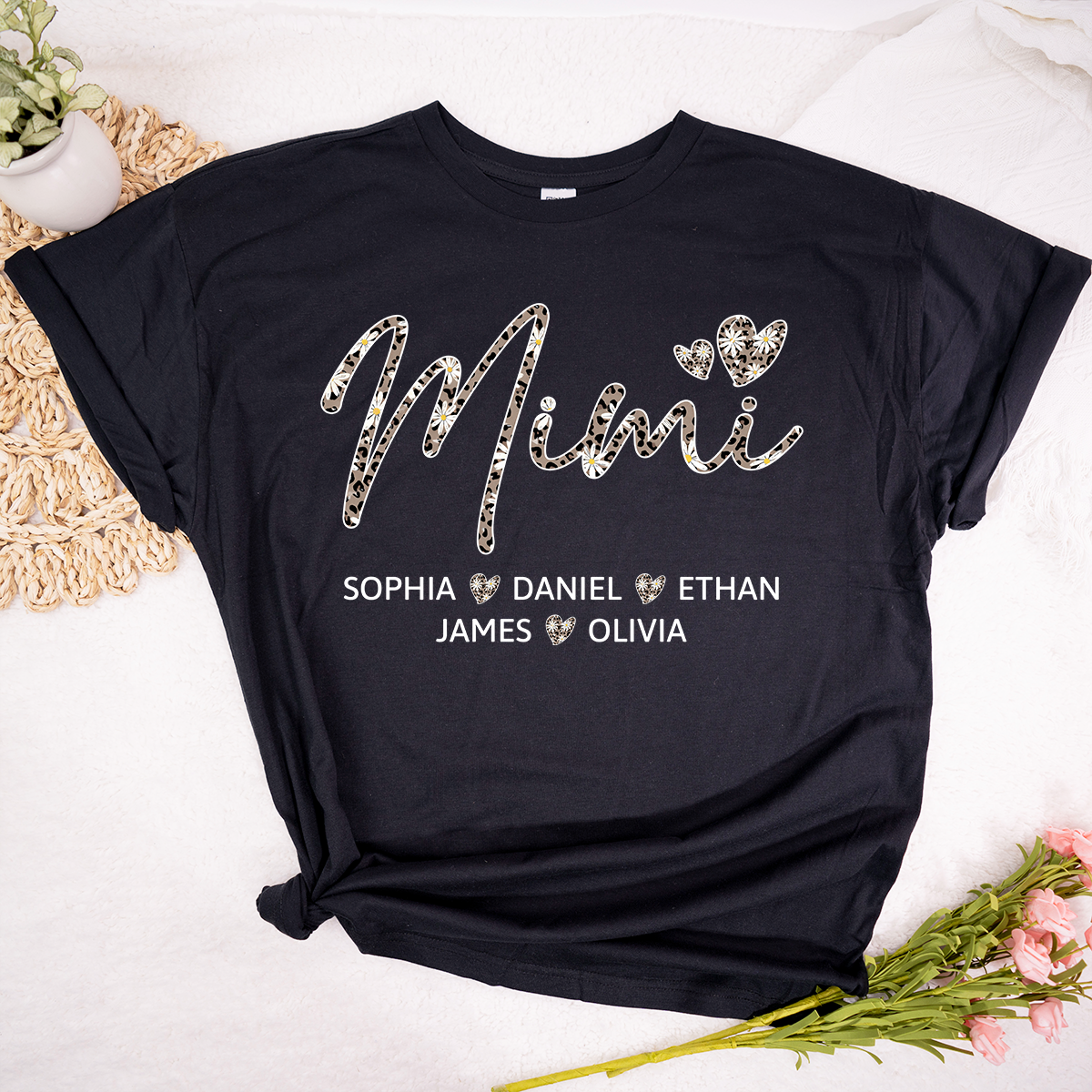 Personalized Mimi Shirt with Grandkids Names, Leopard Print Mimi Grandma T-Shirt Gift for Her