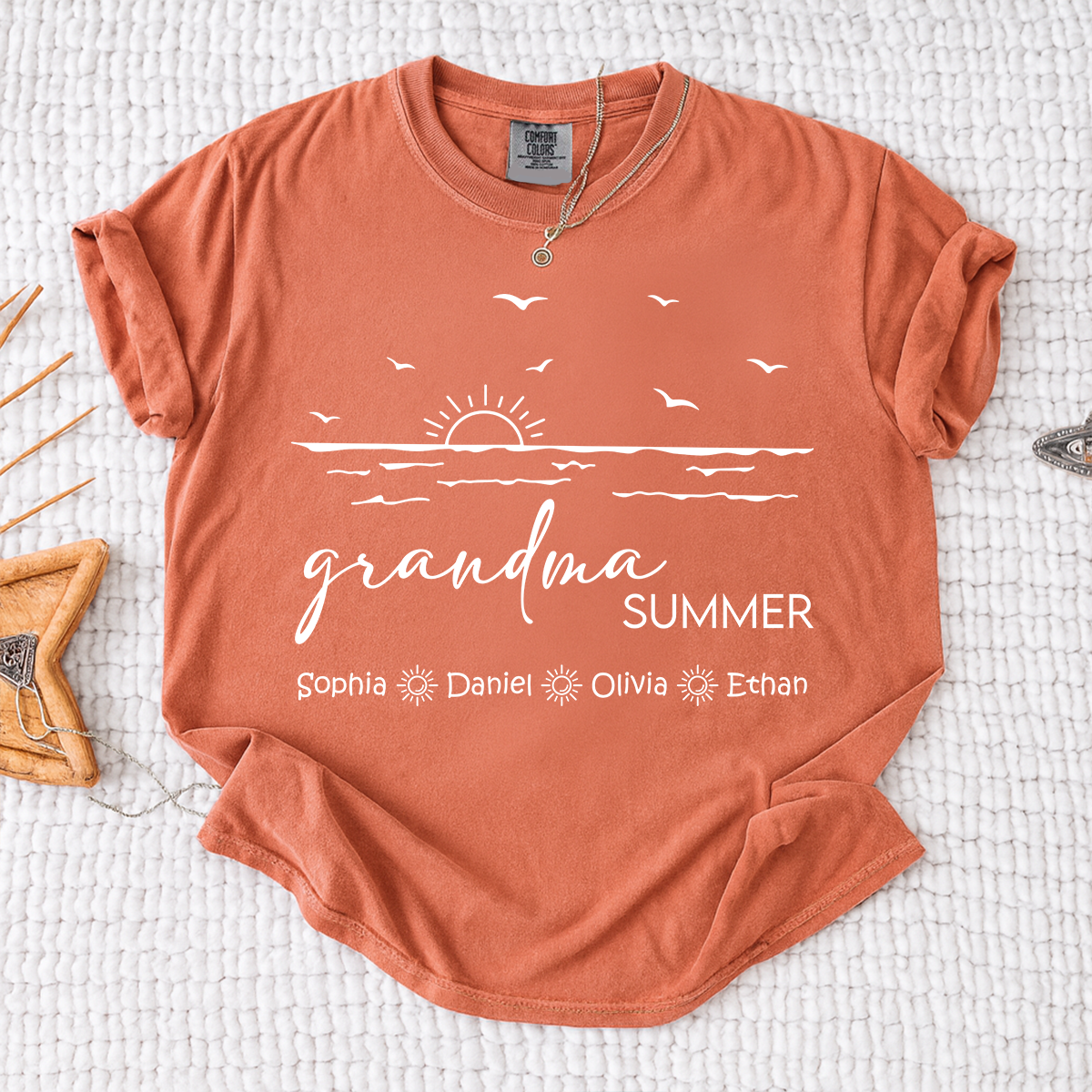 Comfort Colors Custom Name Grandma Shirt, Summer Beach Vacation Tee with Grandkids Names, Ocean Inspired Apparel for Grandma
