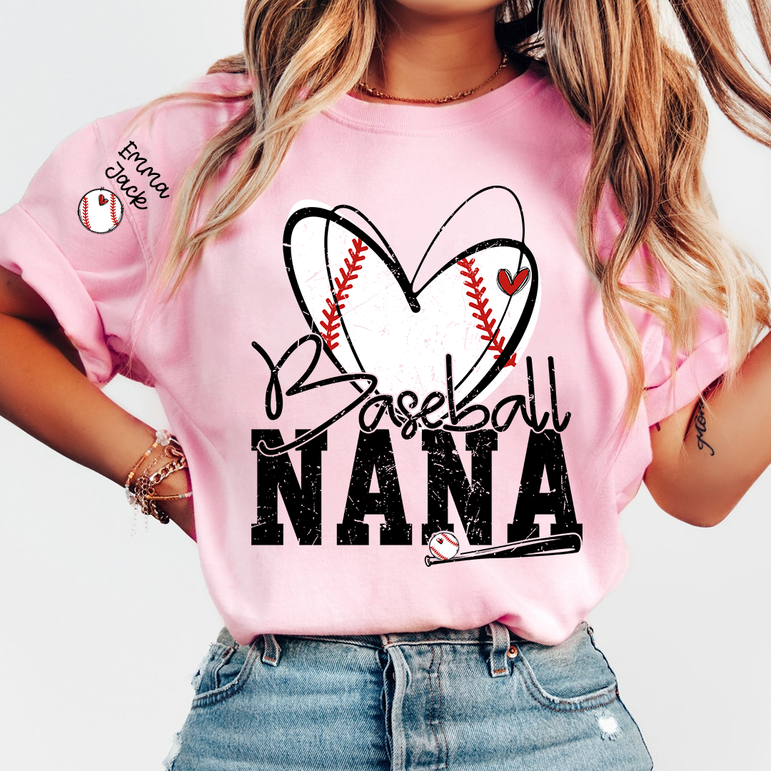Baseball Nana Shirt, Personalized Family T Shirt with Custom Grandkids Names and Heart Design