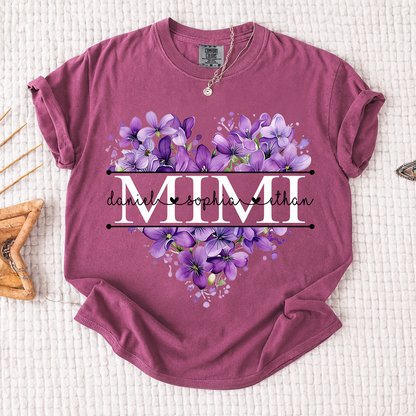 Comfort Colors Purple Floral Heart Mimi Shirt, Personalized Family Names and Violet Flower Design T Shirt