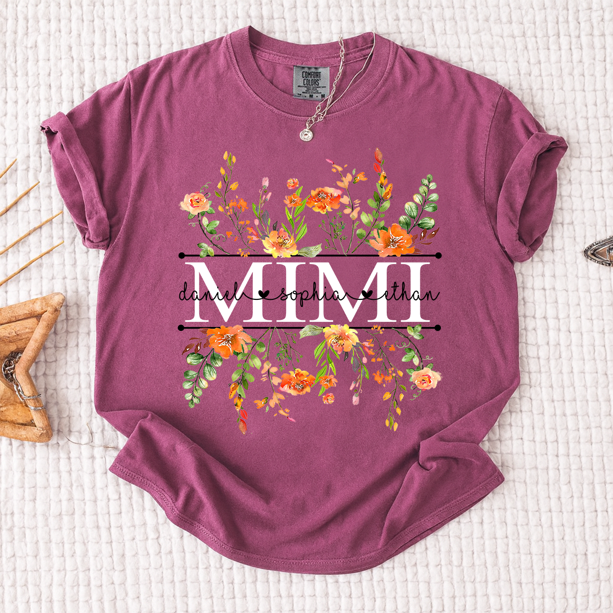 Comfort Colors Custom Mimi T-Shirt with Orange Wildflowers – Personalized Grandmother Gift Featuring Kids Names