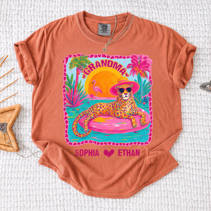 Comfort Colors® Custom Grandma Preppy Summer Gift Shirt, Gift For Grandma And Kids, Girly Beach Tee Retro Leopard Shirt Design Cute Summer Colorful Summe