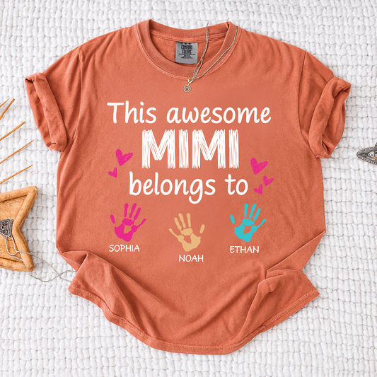 Comfort Colors Custom This Awesome Mimi Belongs to T-shirt with Handprint Design and Grandkids' Names