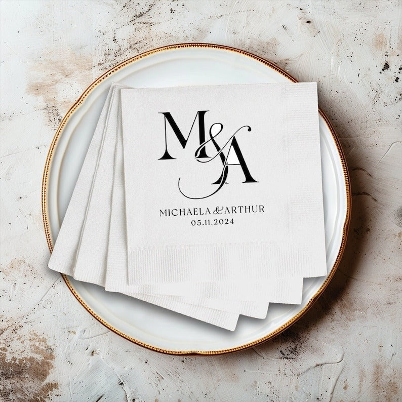 Monogram Initial Cocktail Napkins | Wedding Cocktail Napkin | Rehearsal Dinner Napkins, Minimalist Wedding Decor | Wedding Reception Napkins