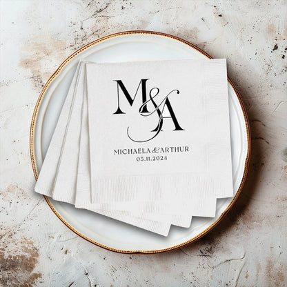 Monogram Initial Cocktail Napkins | Wedding Cocktail Napkin | Rehearsal Dinner Napkins, Minimalist Wedding Decor | Wedding Reception Napkins