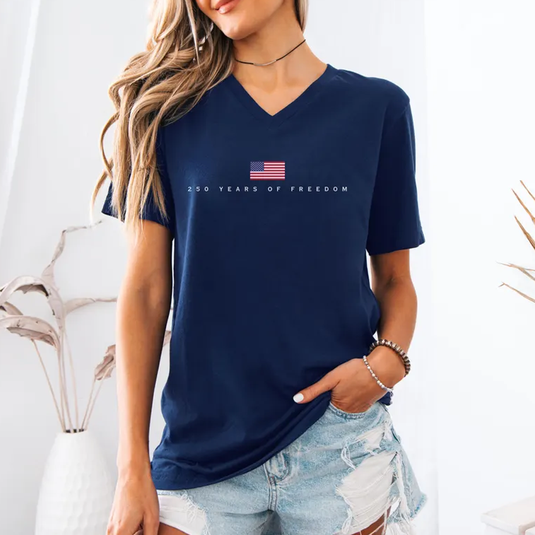 250 Years of Freedom V-Neck Shirt, Patriotic USA Flag Tee, American Freedom 1776-2026 T-Shirt, Vintage Independence Celebration Top for Men and Women