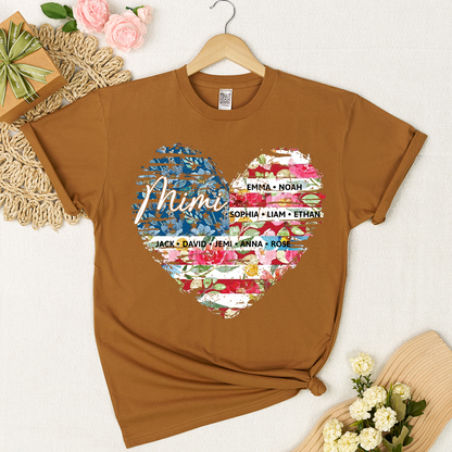 Personalized Mimi Heart Shirts With Children's Names, Family T-Shirts With Stylized Floral And American Flag Designs