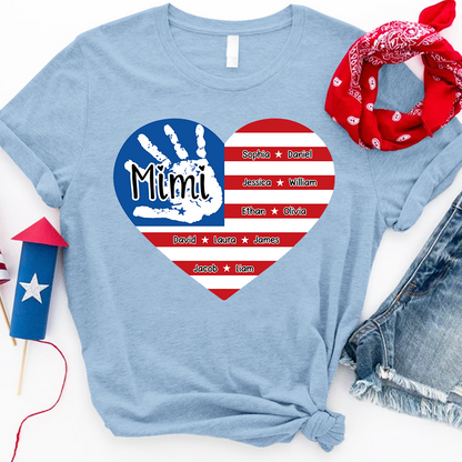 Mimi Custom T Shirt with Family Names, American Flag Heart and Handprint Design, Ideal Gift for Mimi