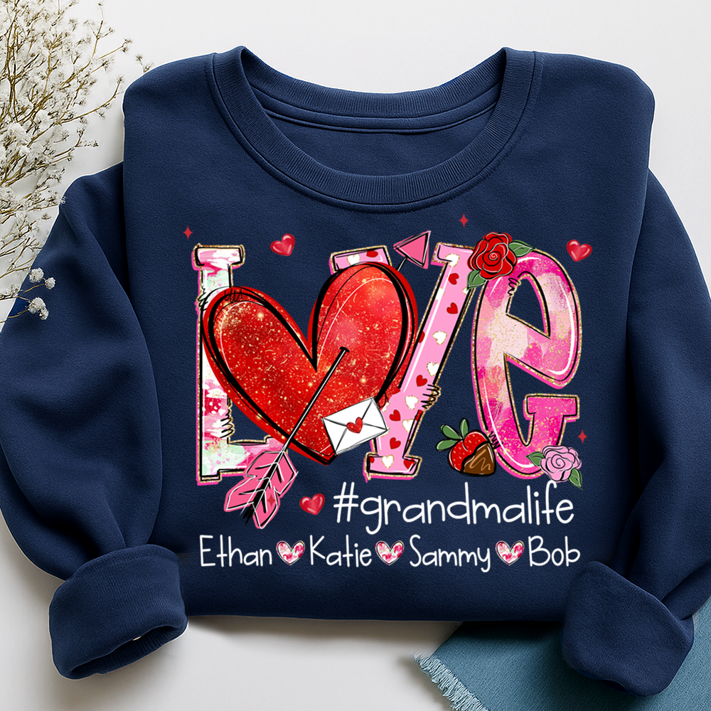 Custom Grandma Life Love Sweatshirt, Heart Patchwork Valentine Gift For Grandma And Kids