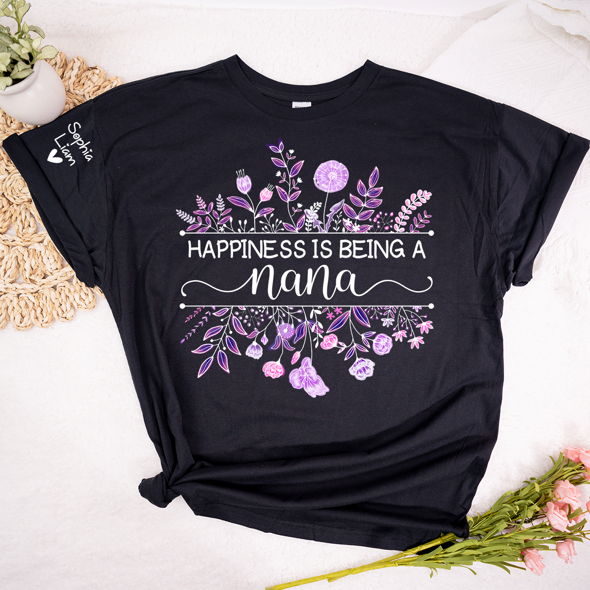 Happiness Is Being a Nana Shirt, Purple Floral Grandma Tee, Custom Nana Gift from Grandkids, Family Name Sleeve Shirt, Cute Grandma Outfit