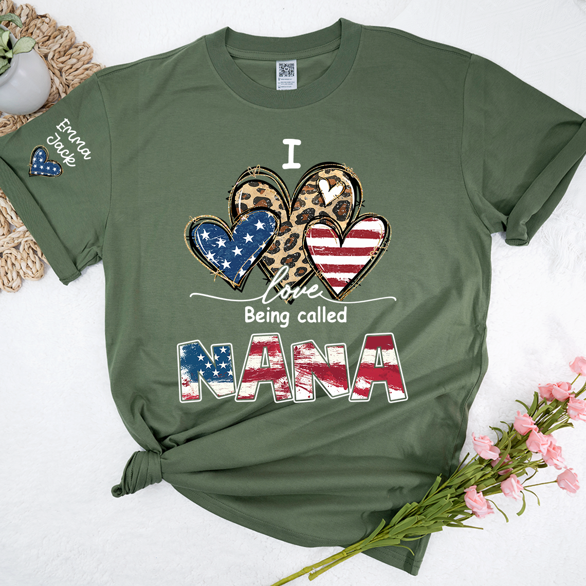Custom I Love Being Called Nana Flag Heart T-shirt, Grandma Shirt with Kids, Mother's Day Gift for Grandma