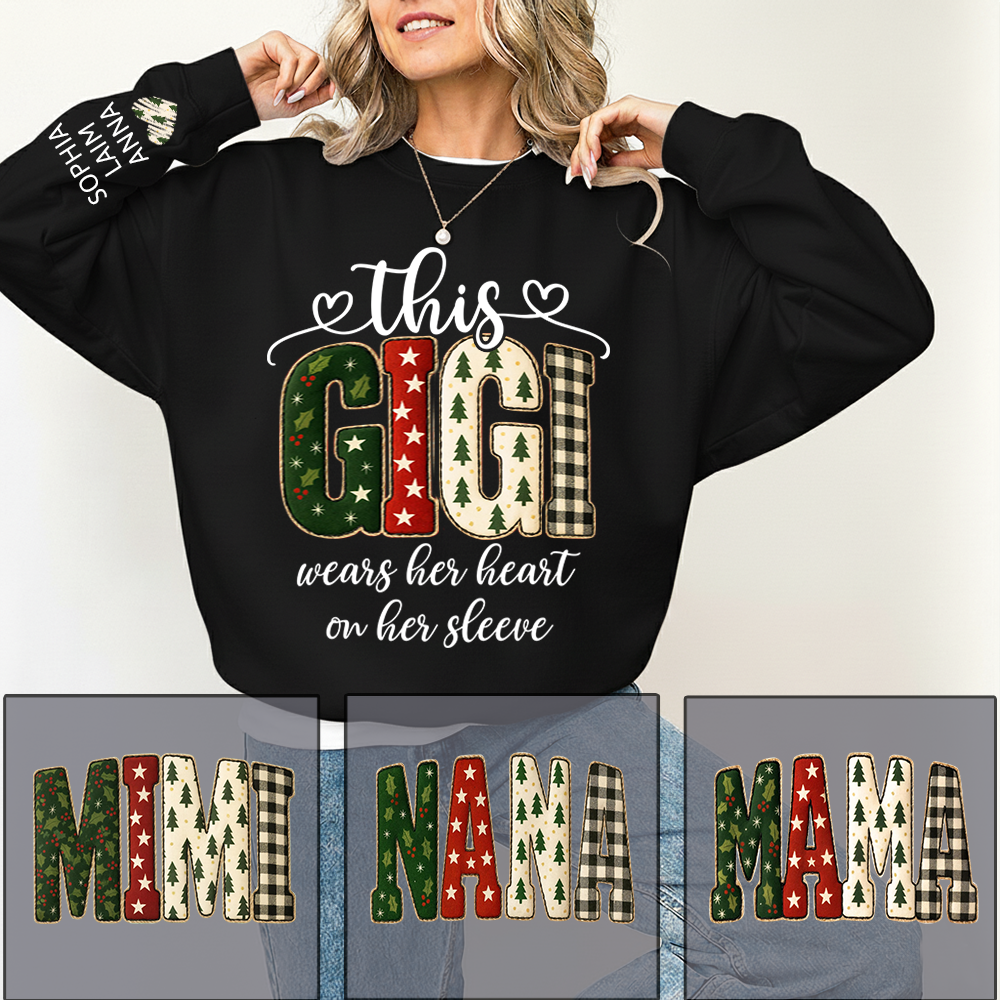 Vintage Grandma Sweatshirt, Patchwork Holiday Letters Sublimation, Grandma Wears Heart on Sleeve