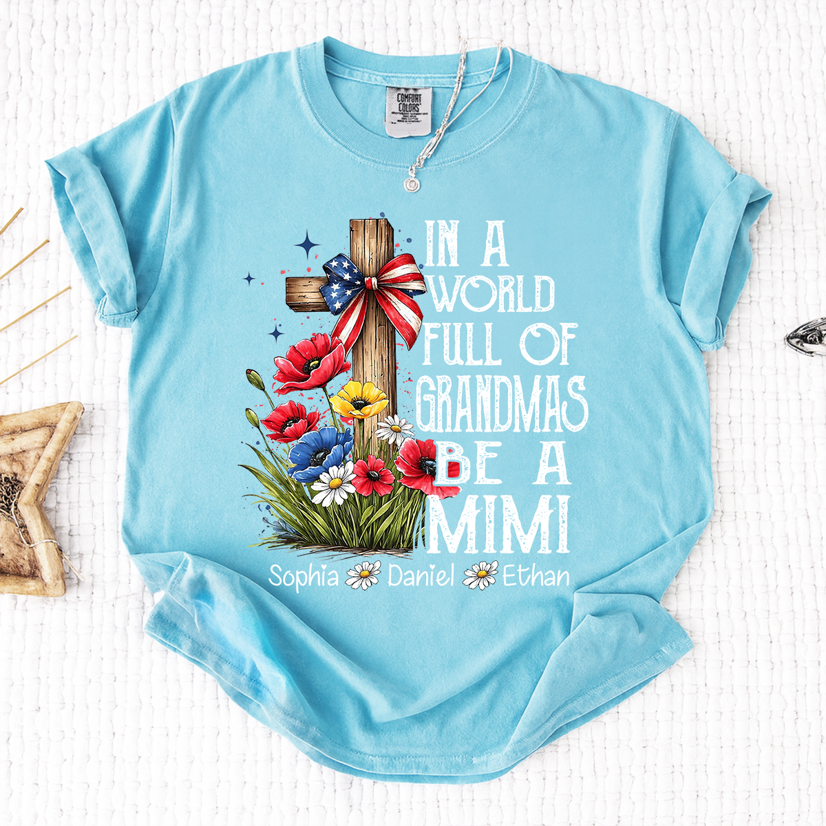 In a World Full of Grandmas Be a Mimi T-Shirt, Personalized Mimi T-Shirt with Cross and Floral Design