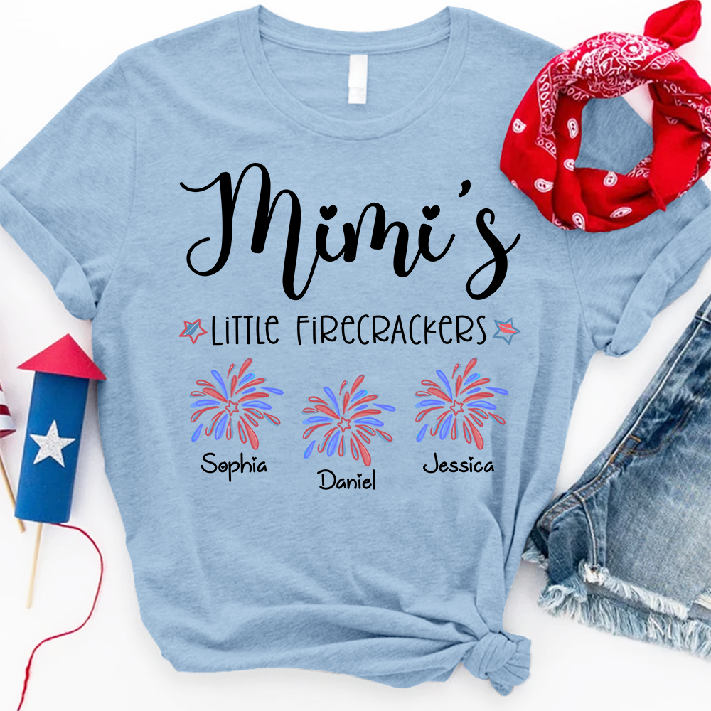 Mimi’s Little Firecrackers T Shirt, Custom Names with Firework Graphic, Great Gift for Grandma on 4th of July or Birthday