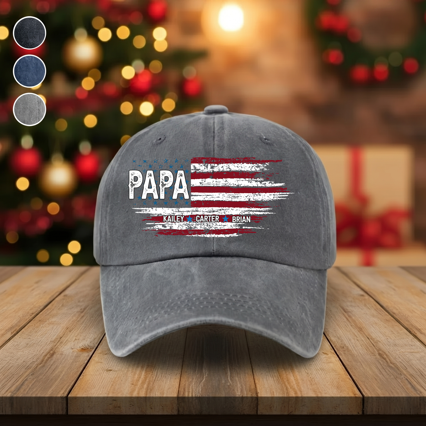 Father Day Shirt, Papa Ands Grandkids Flag American Personalized Custom Vintage Washed Denim Cap