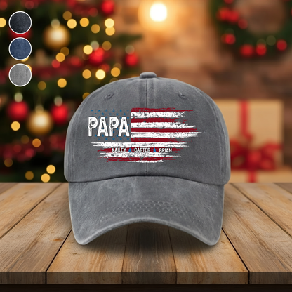 Father Day Shirt, Papa Ands Grandkids Flag American Personalized Custom Vintage Washed Denim Cap