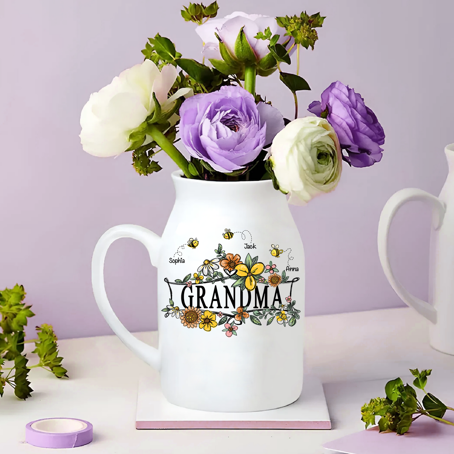 Flowers Bee Grandma And Kids - Custom Home Decoration Flower Vase According To Family Requirements - Warm Gift For Mother's Day, Ceramic Flower Vase