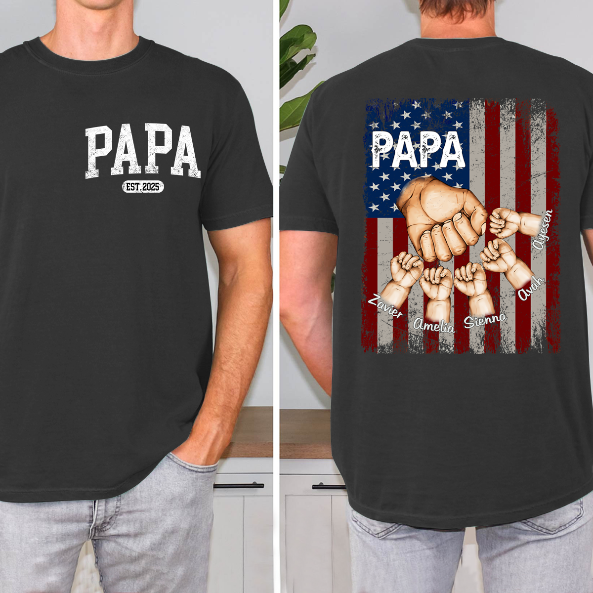 Personalized Papa Fist Bump Grandchild Names Shirt, Customized Fathers Day Grandkids Hands Name T-Shirt