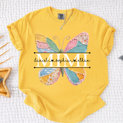 Comfort Personalized Mimi Shirt with Grandkids Names, Butterfly Patchwork Design Family Tee