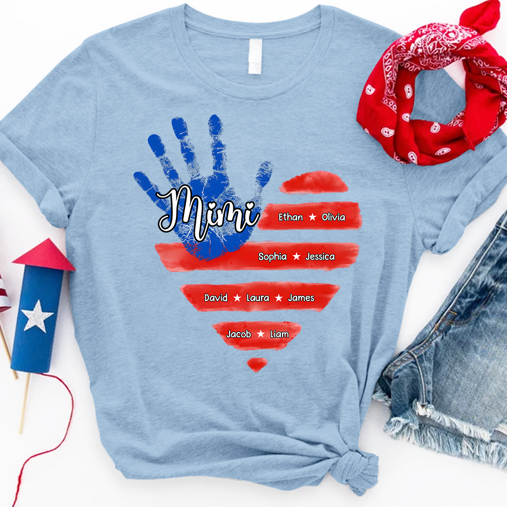 Custom Mimi Shirt, American Flag Handprint with Family Names, Personalized Gift for Mimi, Patriotic Grandkids Shirt