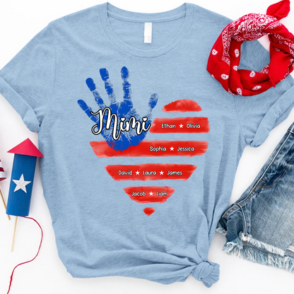 Custom Mimi Shirt, American Flag Handprint with Family Names, Personalized Gift for Mimi, Patriotic Grandkids Shirt