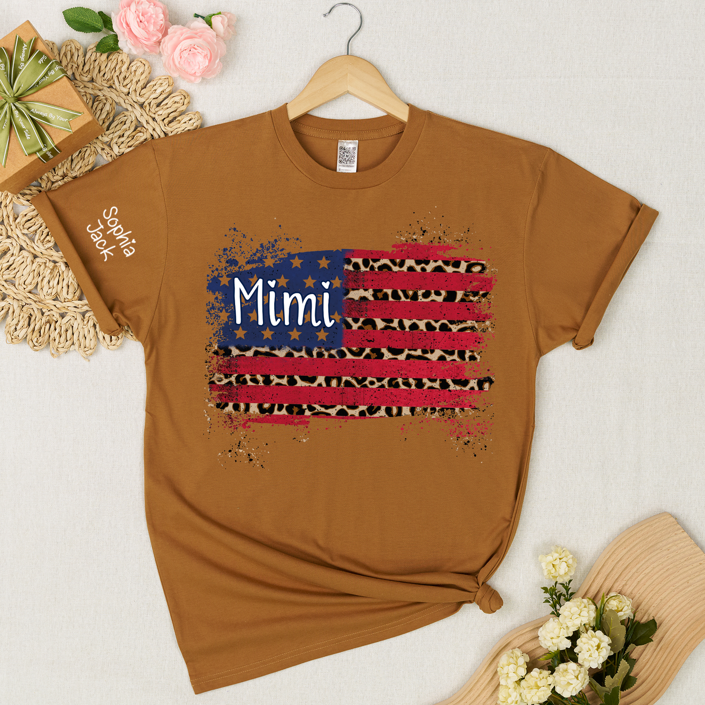 Personalized Mimi American Flag Shirt Leopard USA Flag Custom Kids Names T Shirt Patriotic Grandma Gift Fourth of July Family Matching Tee