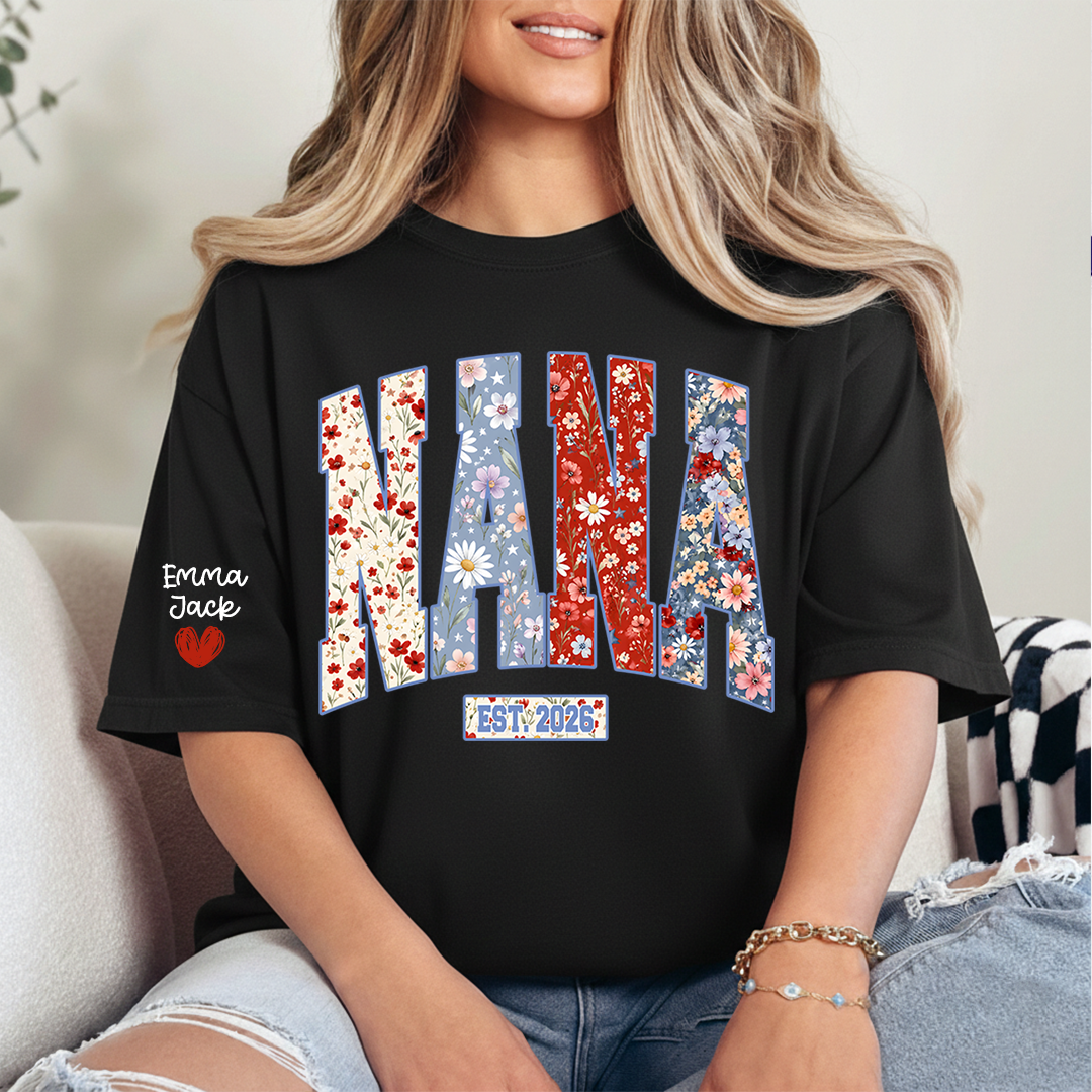 Personalized Nana 4th July Independence Day American, Floral American FlagT-Shirt, Patriotic Gift For Grandma And Kids